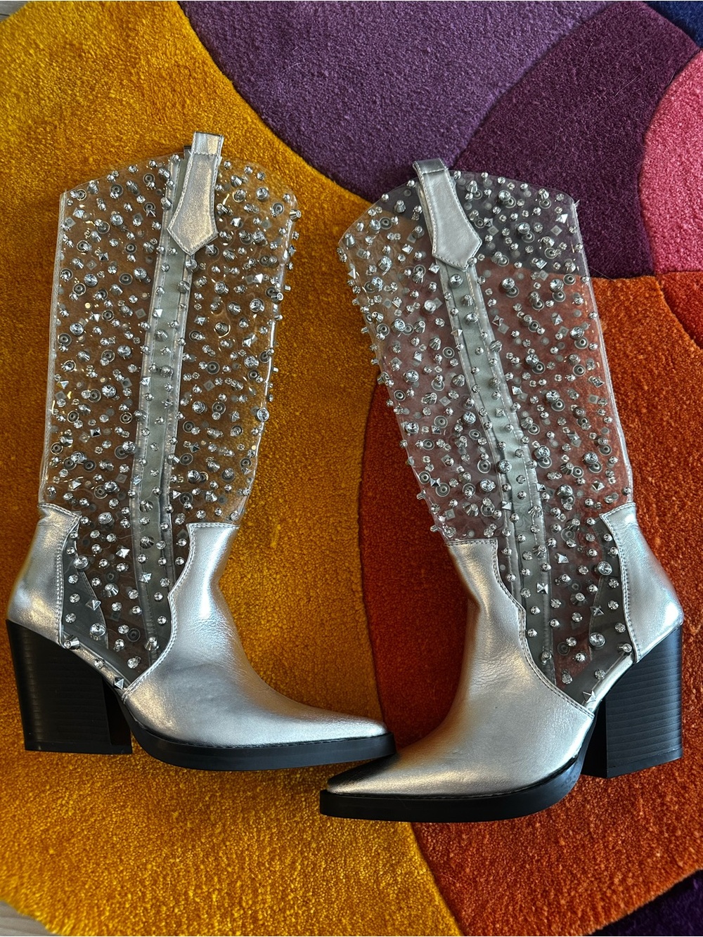 Silver Rhinestone & Stud Cowboy Boots - Women's